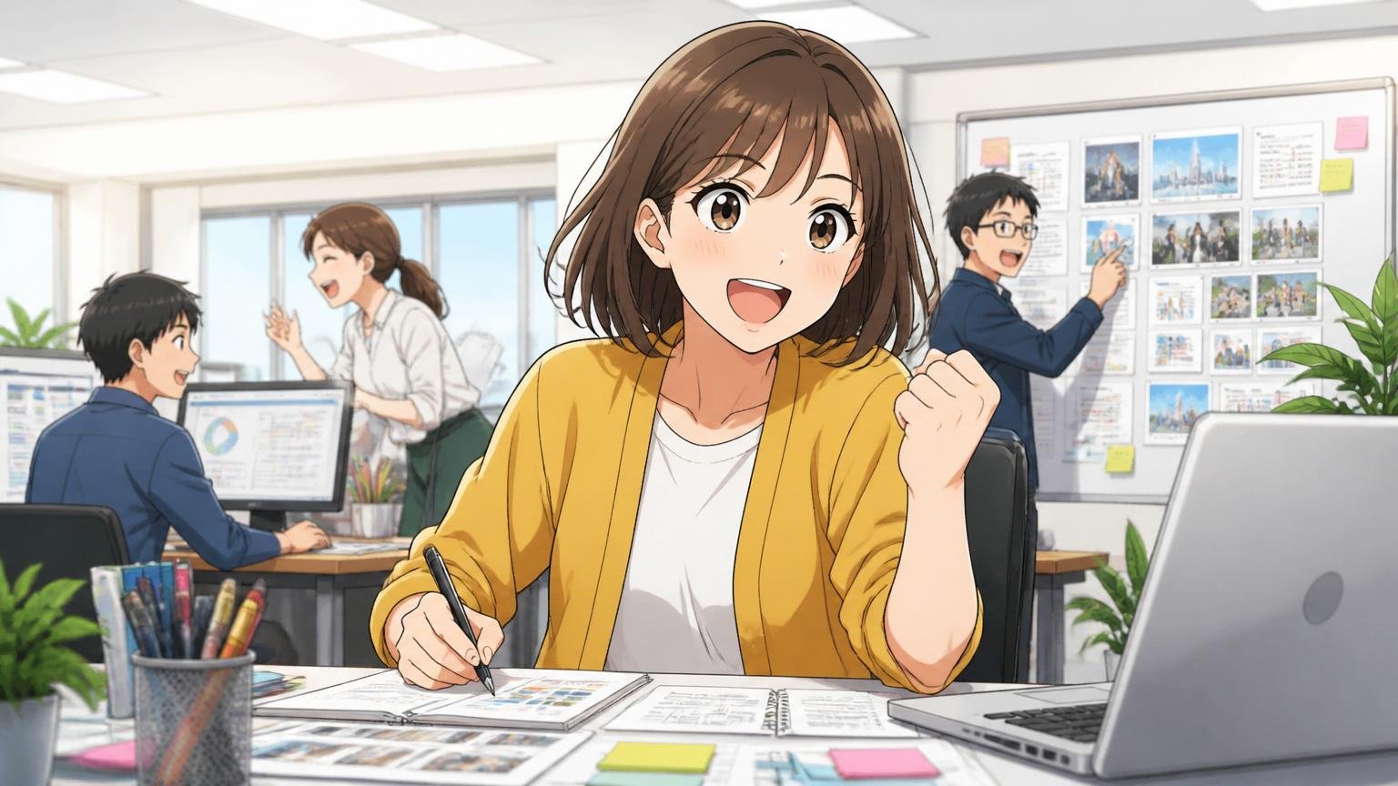 ADKに残る選択が向いている人。広告代理店のオフィスで前向きに仕事に取り組む笑顔の女性社員