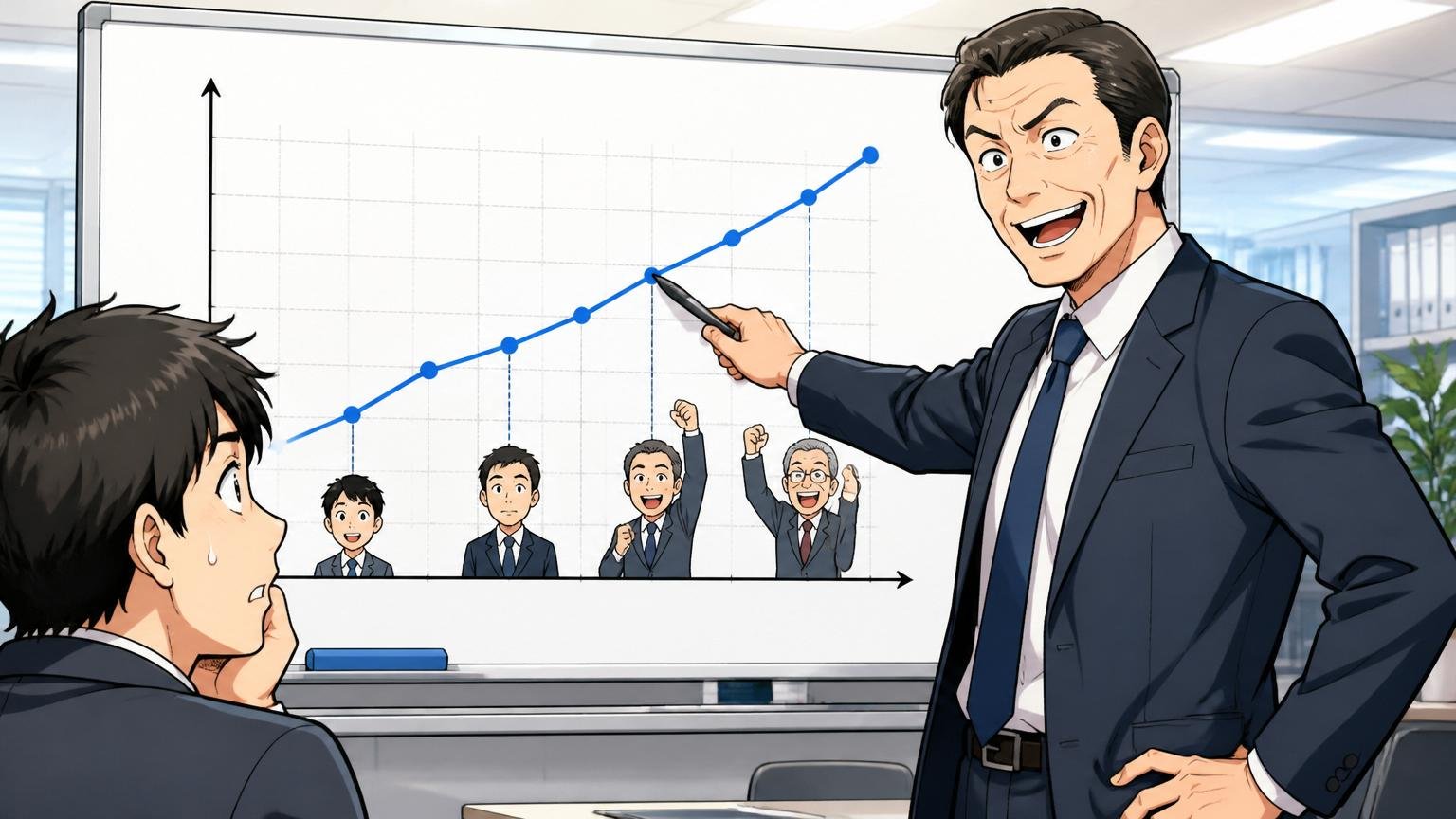 会社の物差しは年功序列。オフィスで年収カーブのグラフを指し示すメンター風の男性社員