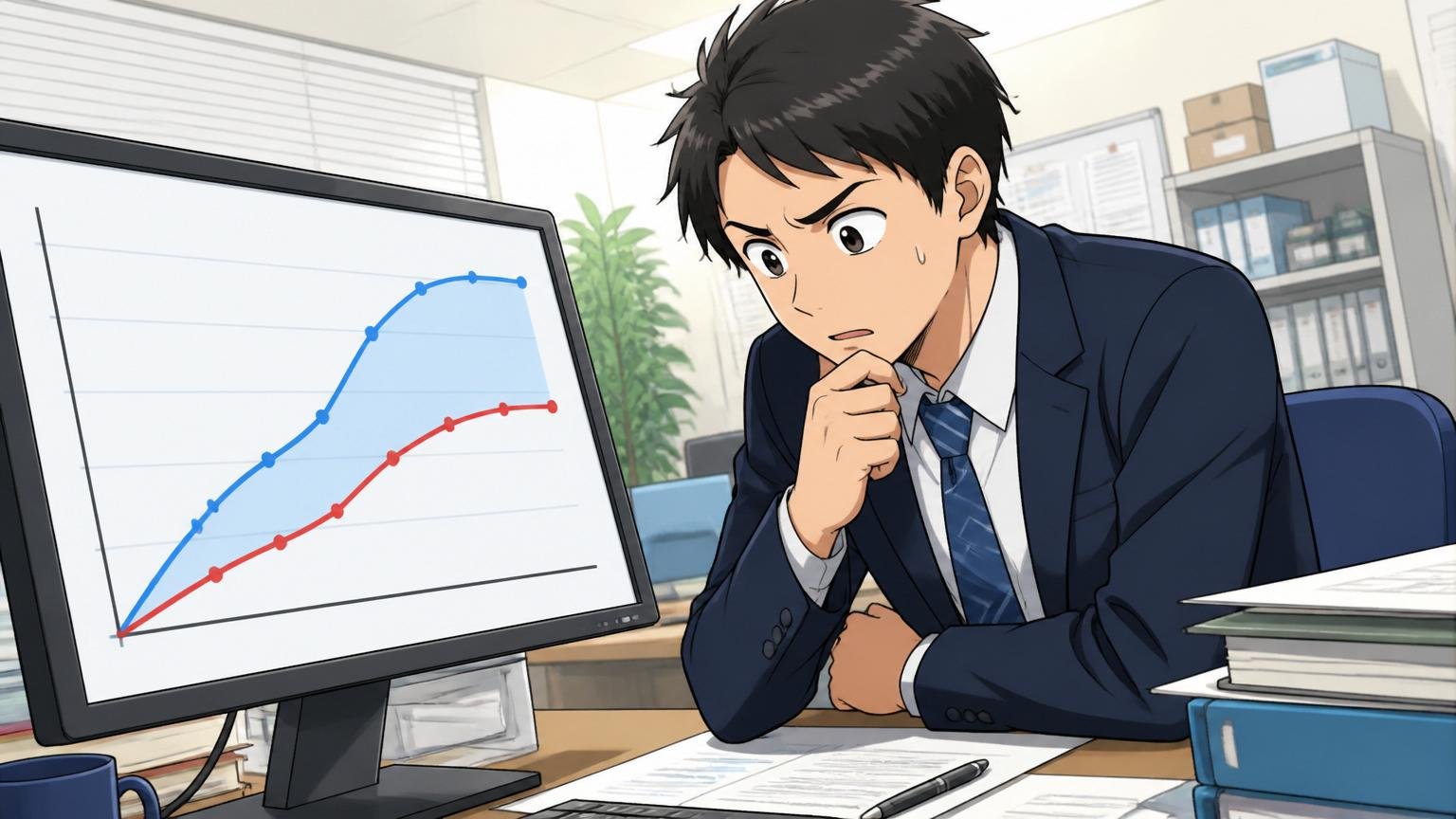 卸売・エンタメ業界の年収カーブという構造。オフィスで社員が業界の年収グラフを見て考え込む