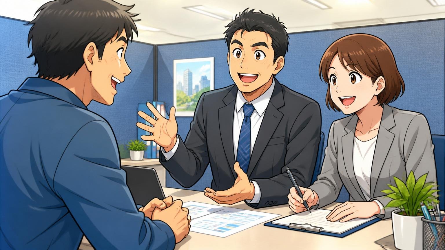 市場価値を知る最もリスクの低い方法は無料相談。転職エージェントの面談ブースで相談者とアドバイザー2人、前向きな表情