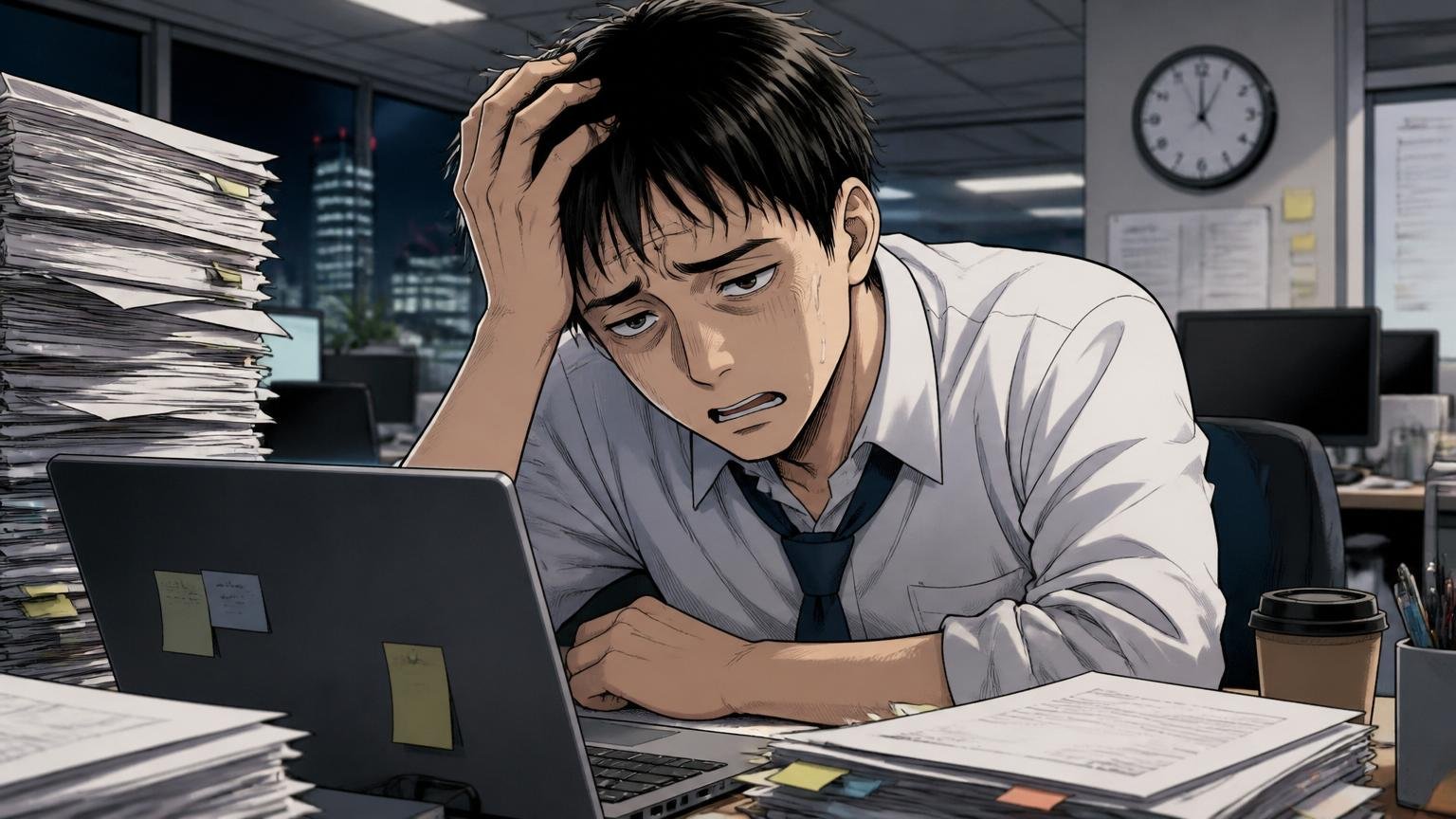 年収だけで転職し労働環境が悪化して後悔。深夜のオフィスで男性社員1人が残業で疲れた表情
