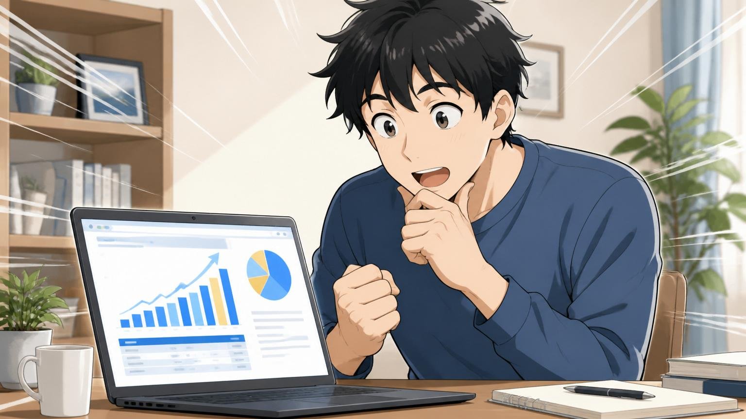 ステップ1自分の市場価値を客観的に把握する 自宅のデスクで年収診断ツールを見る男性1人