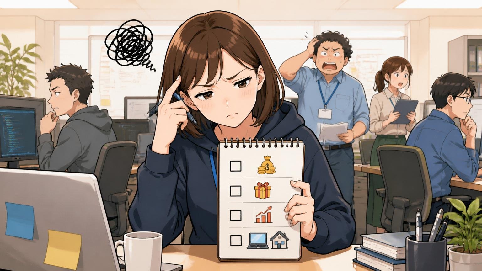 年収賞与昇給率働き方どれにモヤモヤしているか。オフィスでチェックリストを書き出す女性エンジニア1人