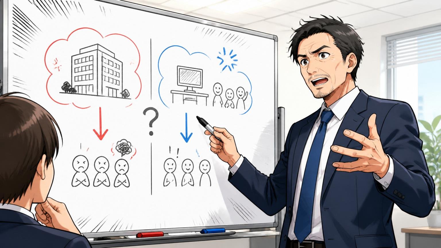 不満は会社全体か配属かを切り分ける。SIerの会議室でホワイトボードに考えを整理する40代男性メンター