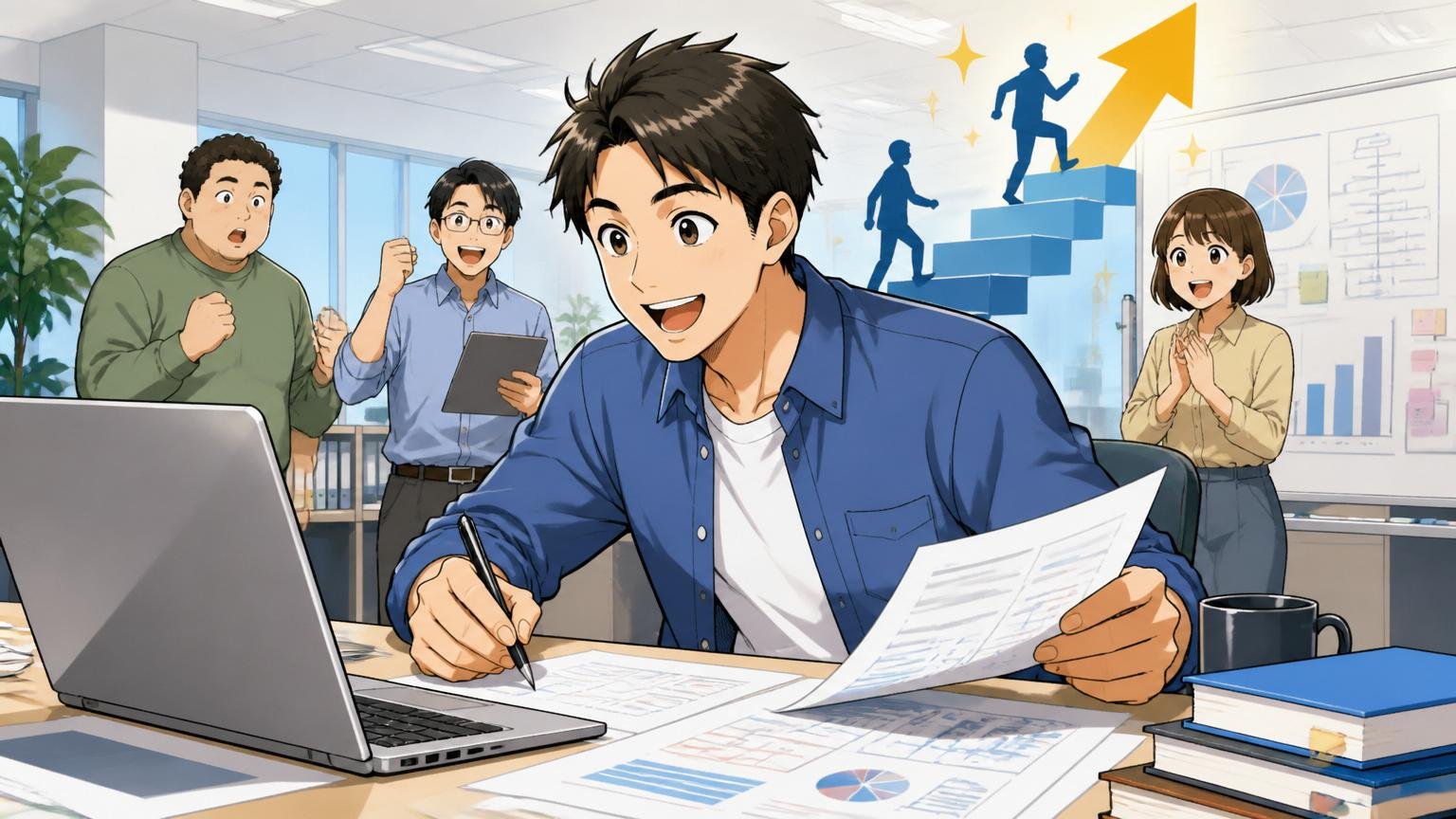 等級を上げ上流工程やマネジメントに進む。オフィスで男性エンジニアが前向きに資料を作る