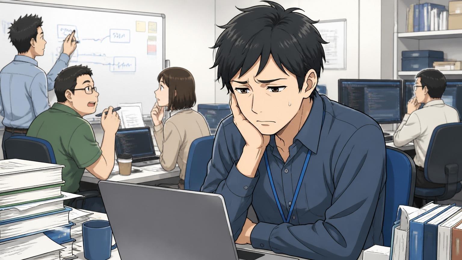上流ばかりで技術力がないと思い込んでいないか SIerの開発現場で自分のスキルに自信が持てず浮かない顔の30代エンジニア1人