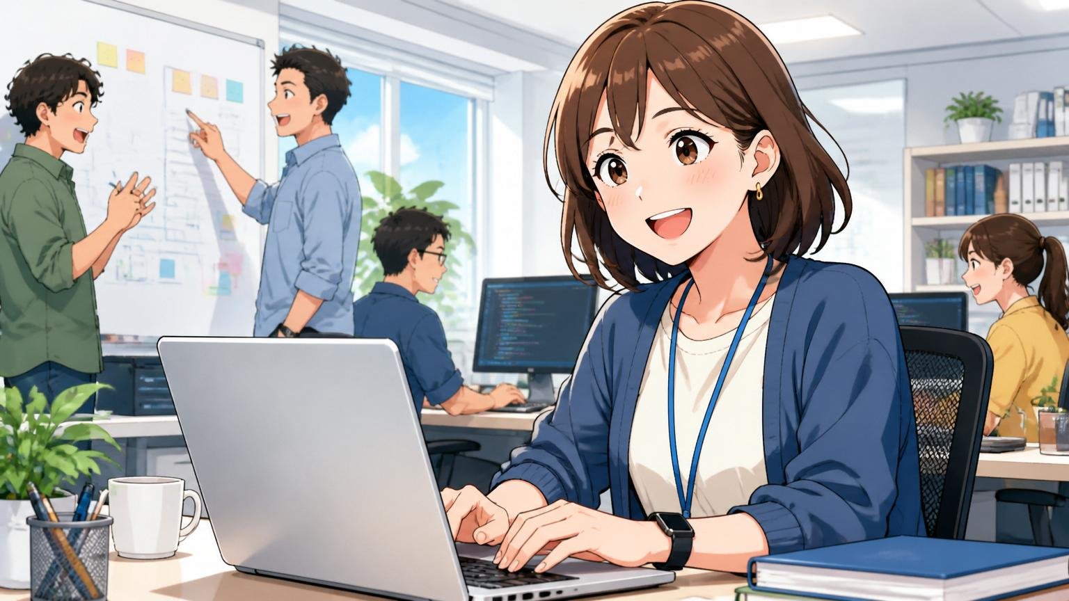 テラスカイに残るという選択肢が合う人。明るいオフィスで30代女性エンジニアが前向きな表情でPC作業する