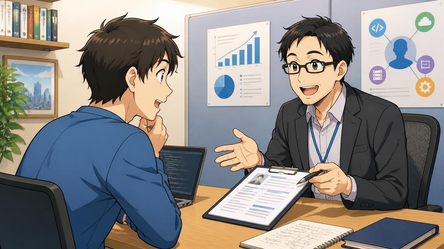 IT特化型転職エージェントを使う理由。面談ブースでIT出身アドバイザーと30代男性エンジニアが経歴を相談