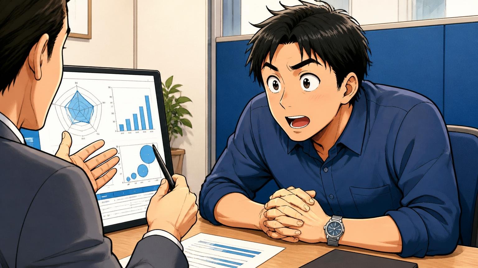 転職エージェントの面談ブースで市場価値の資料を前に身を乗り出して熱心に話を聞く30代男性エンジニア
