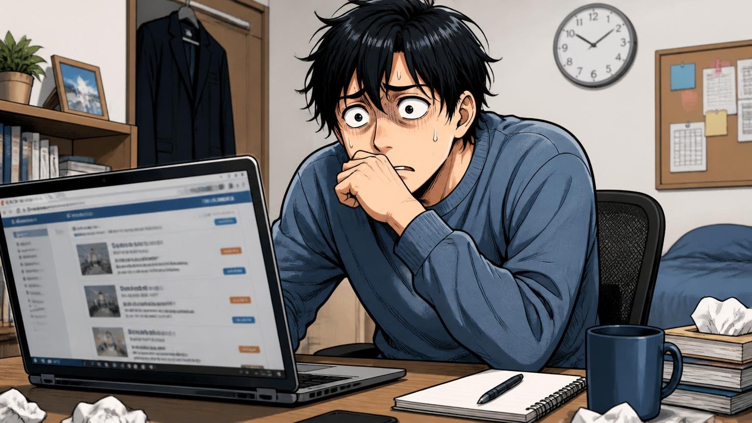 転職を意識して動けなくなる。自宅のデスクで30代男性が転職サイトを開いたまま画面の前で固まる