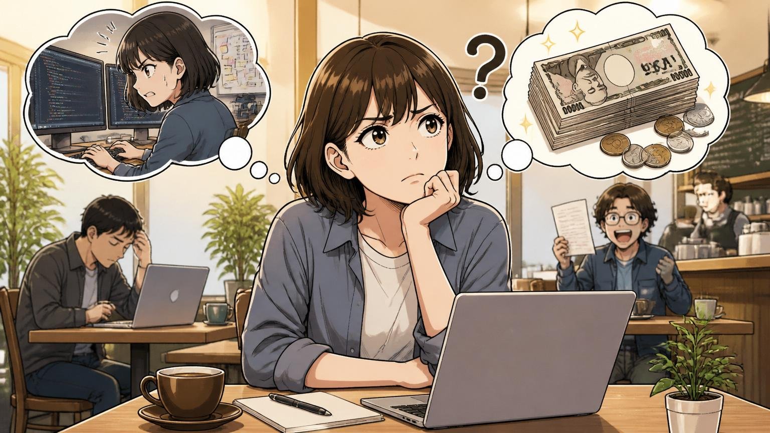 不満の正体は絶対額ではなく自分の働きに見合っているか。カフェで考え込む20代女性エンジニア