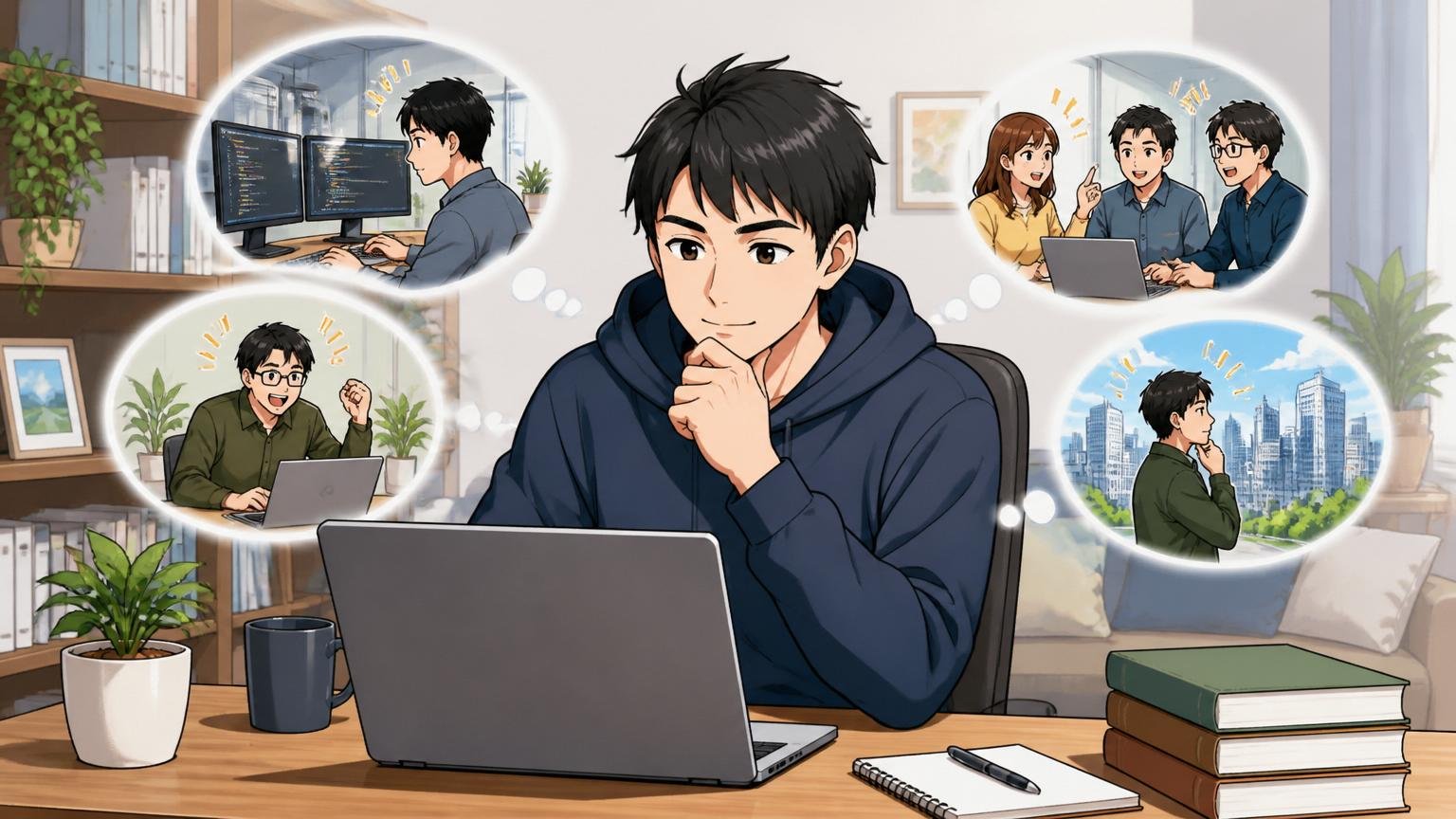 辞めるでも我慢でもない第三の選択肢。自宅で在宅勤務しながら落ち着いて情報収集する30代の男性エンジニア1人