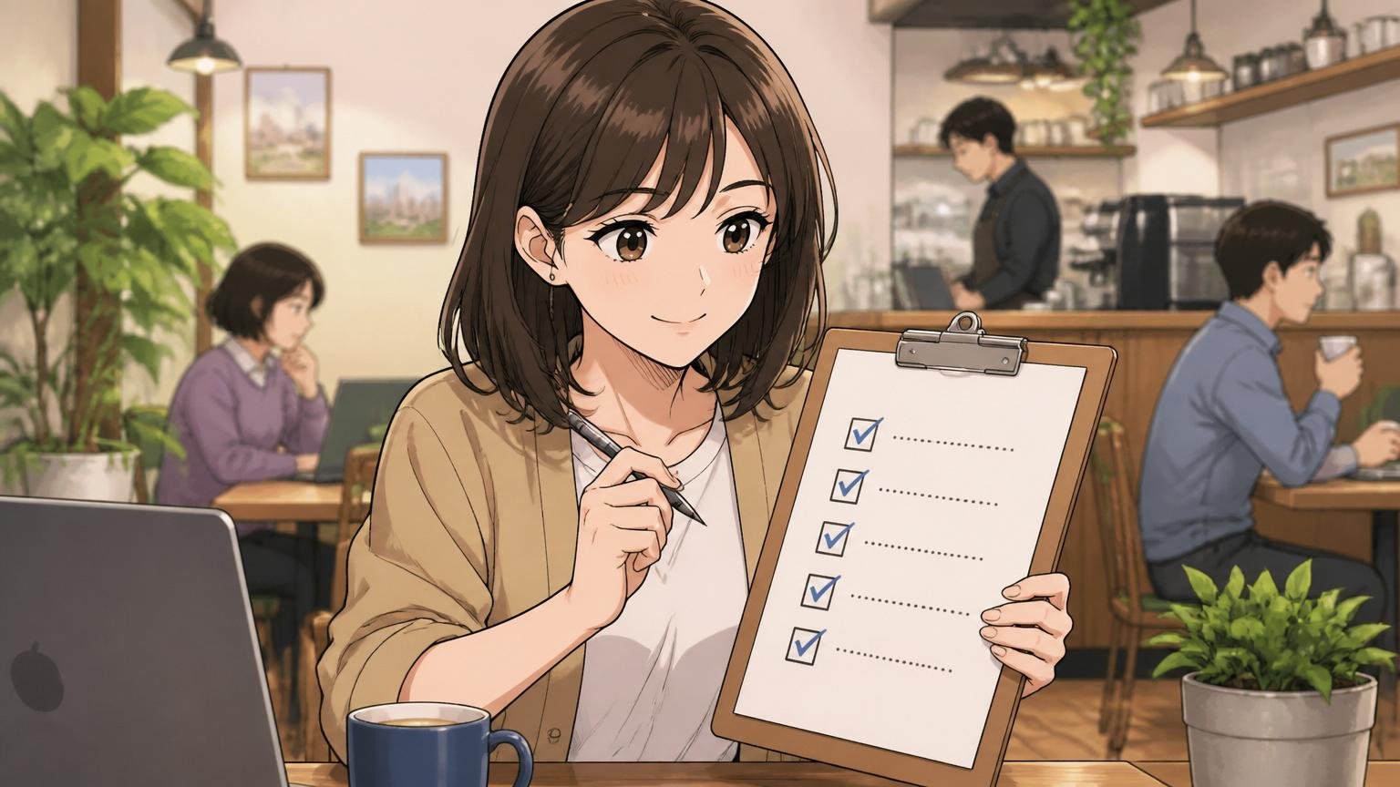 今は残るを選んでいい人の条件。カフェでチェックリストを確認しうなずく30代女性エンジニア
