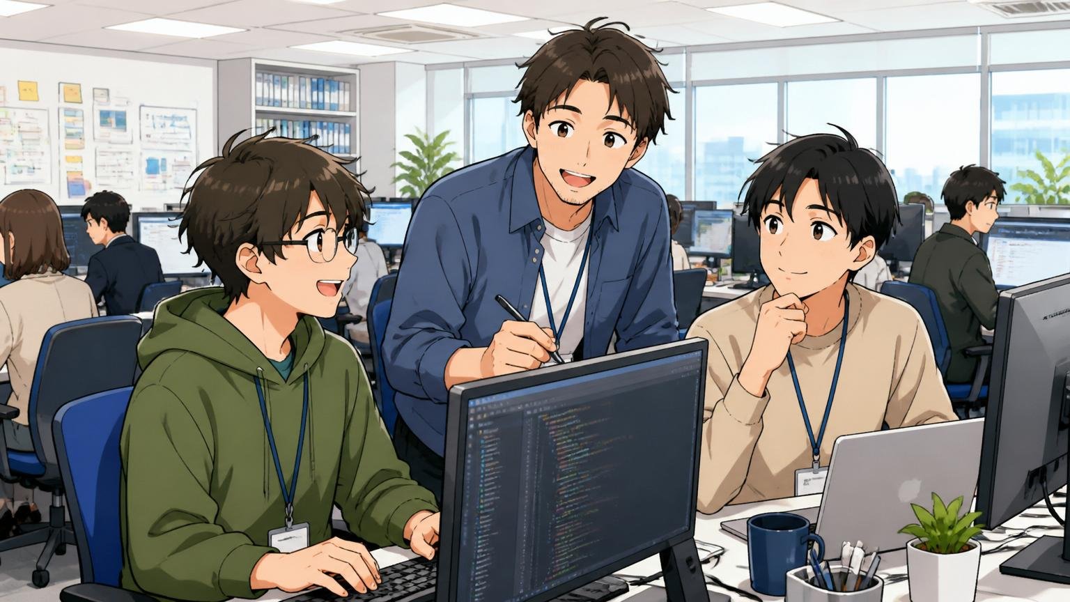 大手SIerの落ち着いた明るいオフィスで安心した穏やかな表情で働く30代のエンジニア3人