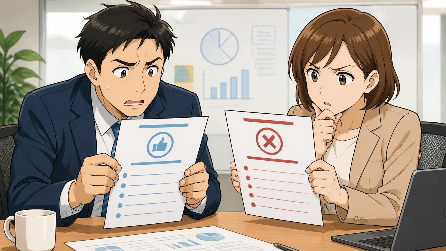 日立に残るメリットとデメリット。会議室でメリットとデメリットを書いた紙を見比べる男女2人