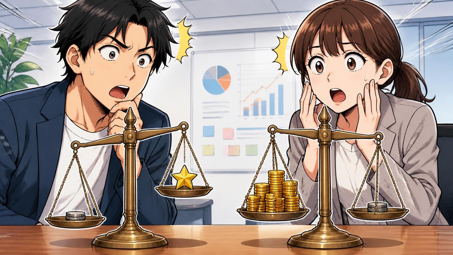 商社の評価とIT人材の市場価値のズレ。会議室で2つの天秤を見比べて驚く男女のエンジニア2人