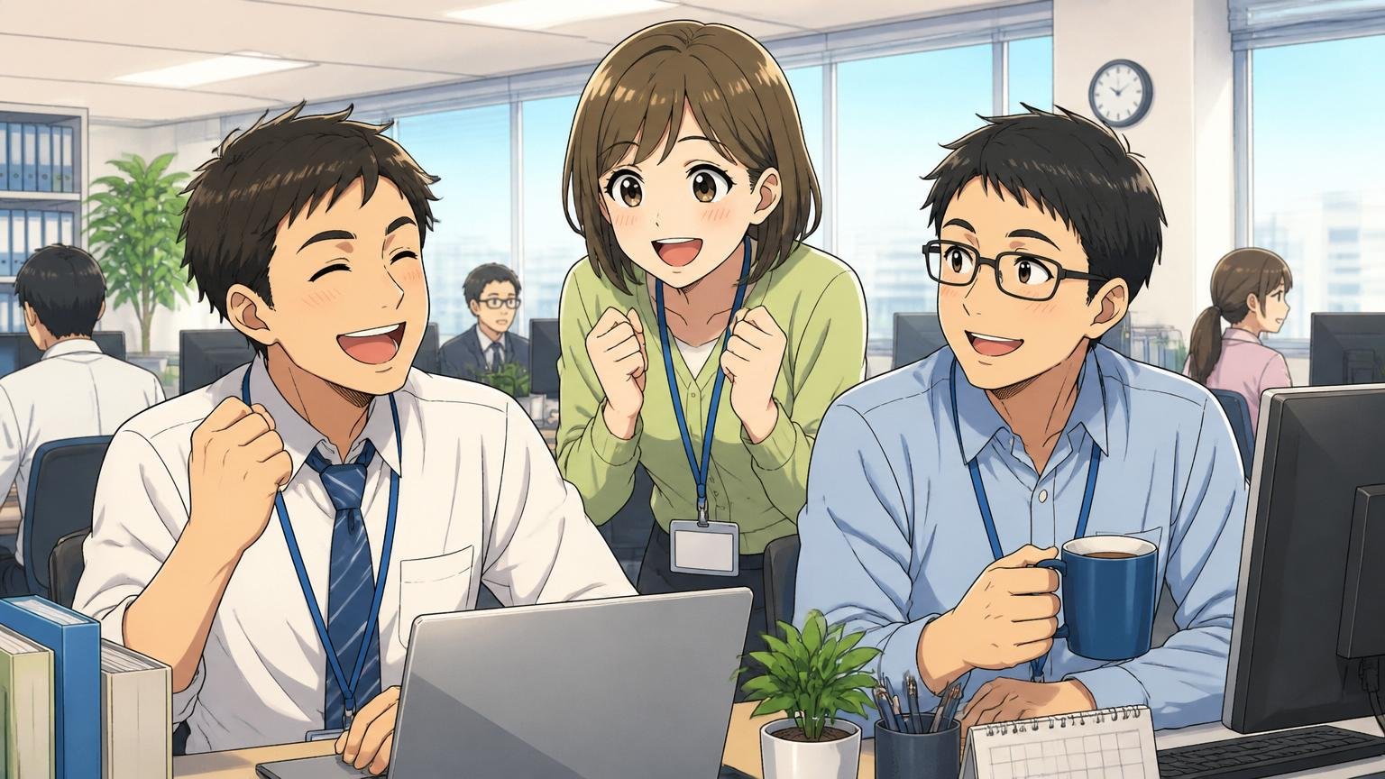 安定性や福利厚生という確かなメリット SIerの落ち着いたオフィスで安心した表情で働く男女3人の社員