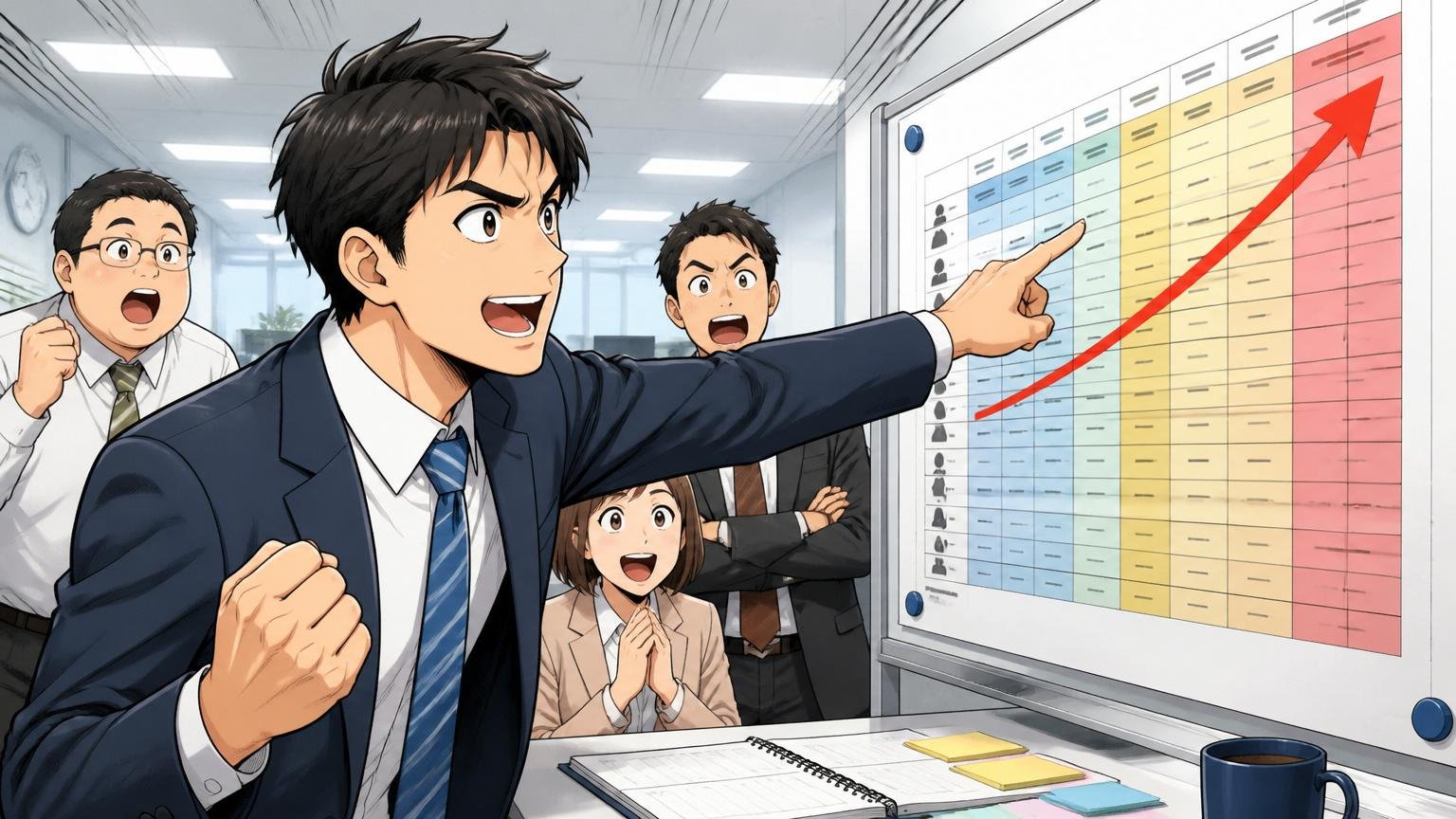 残ると決めた場合、社内で年収を上げるための動き方。SIerのオフィスで30代男性が等級表を指さし計画を立てる