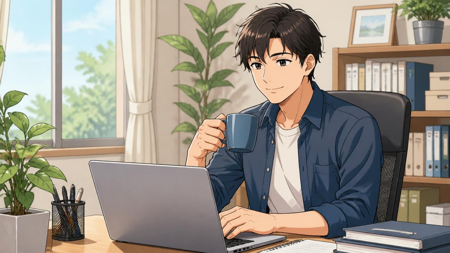 残るのが合理的な人。企業のオフィスで在宅勤務する30代の男性会社員が穏やかな表情で安心したように微笑む