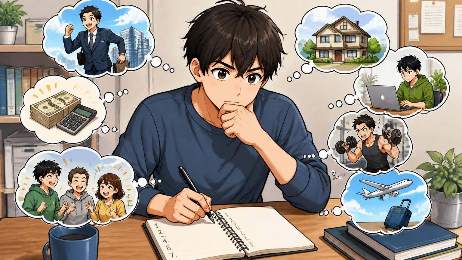 残るか動くかを判断する7つのチェックポイント。自宅のデスクでノートに書き出し考える男性1人