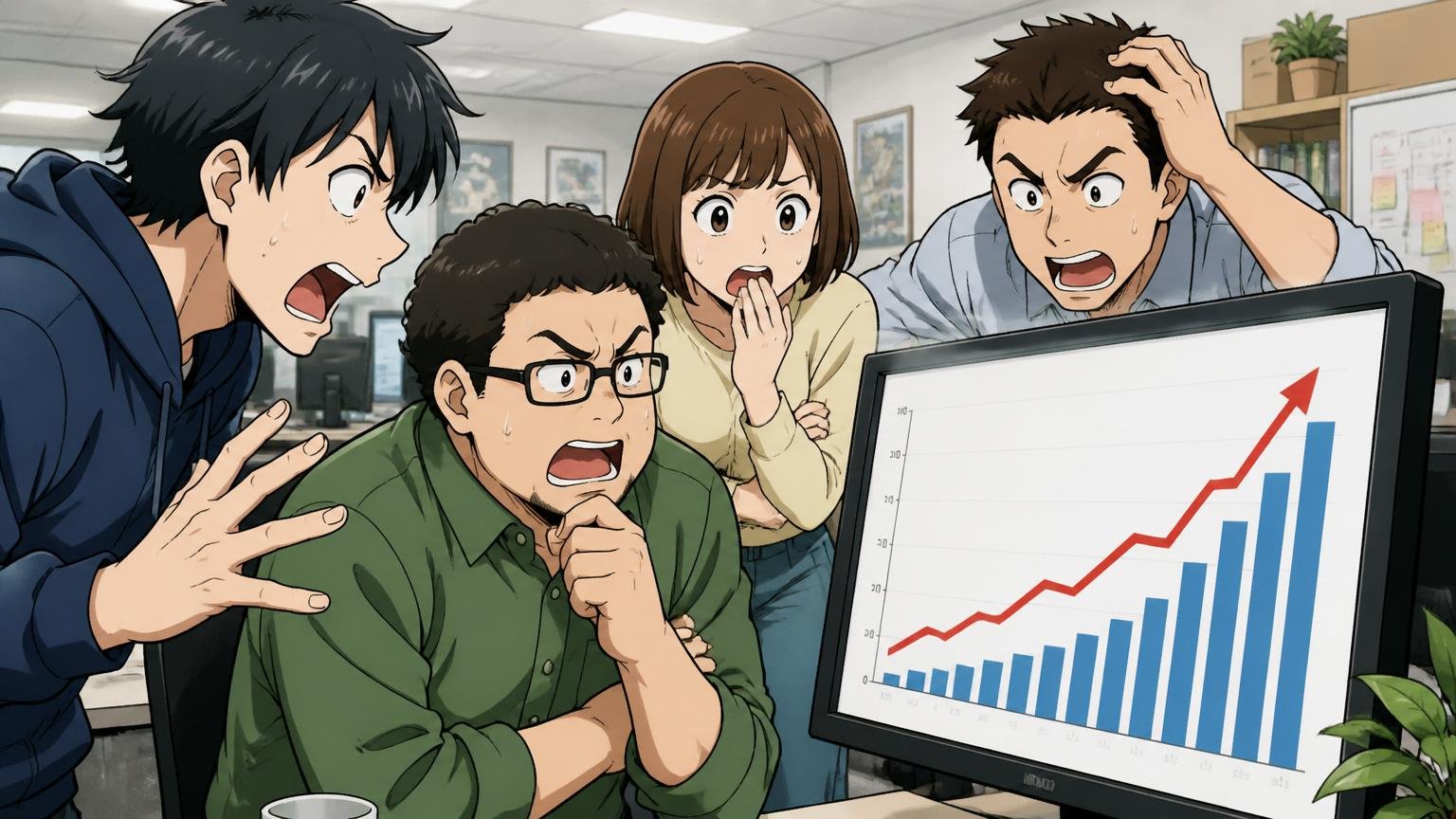 IT人材は構造的に不足している経産省の試算 IT企業のオフィスで人材不足のグラフを見る複数のエンジニア