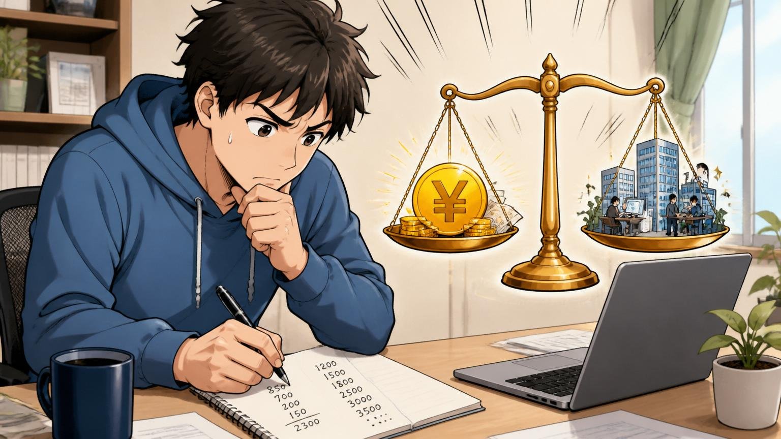 現職の年収と市場価値を天秤にかける場面、自宅のデスクで在宅勤務、エンジニア1人がノートに数字を書き出す