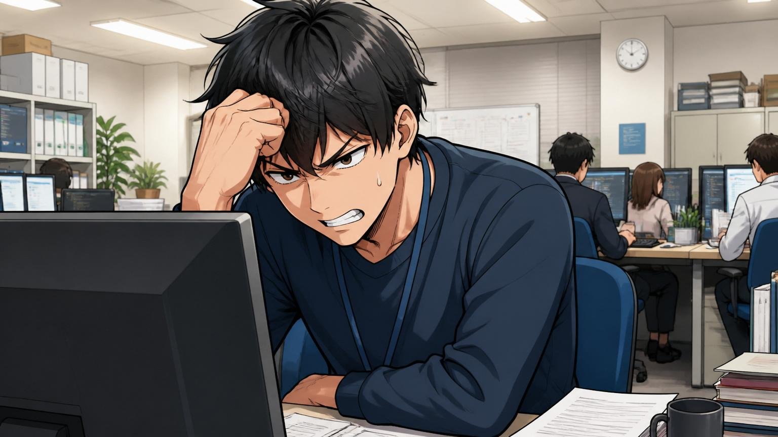 年収交渉に失敗したエンジニア:受託開発企業のオフィスで1人が悔しそうな表情でPC画面を見つめる