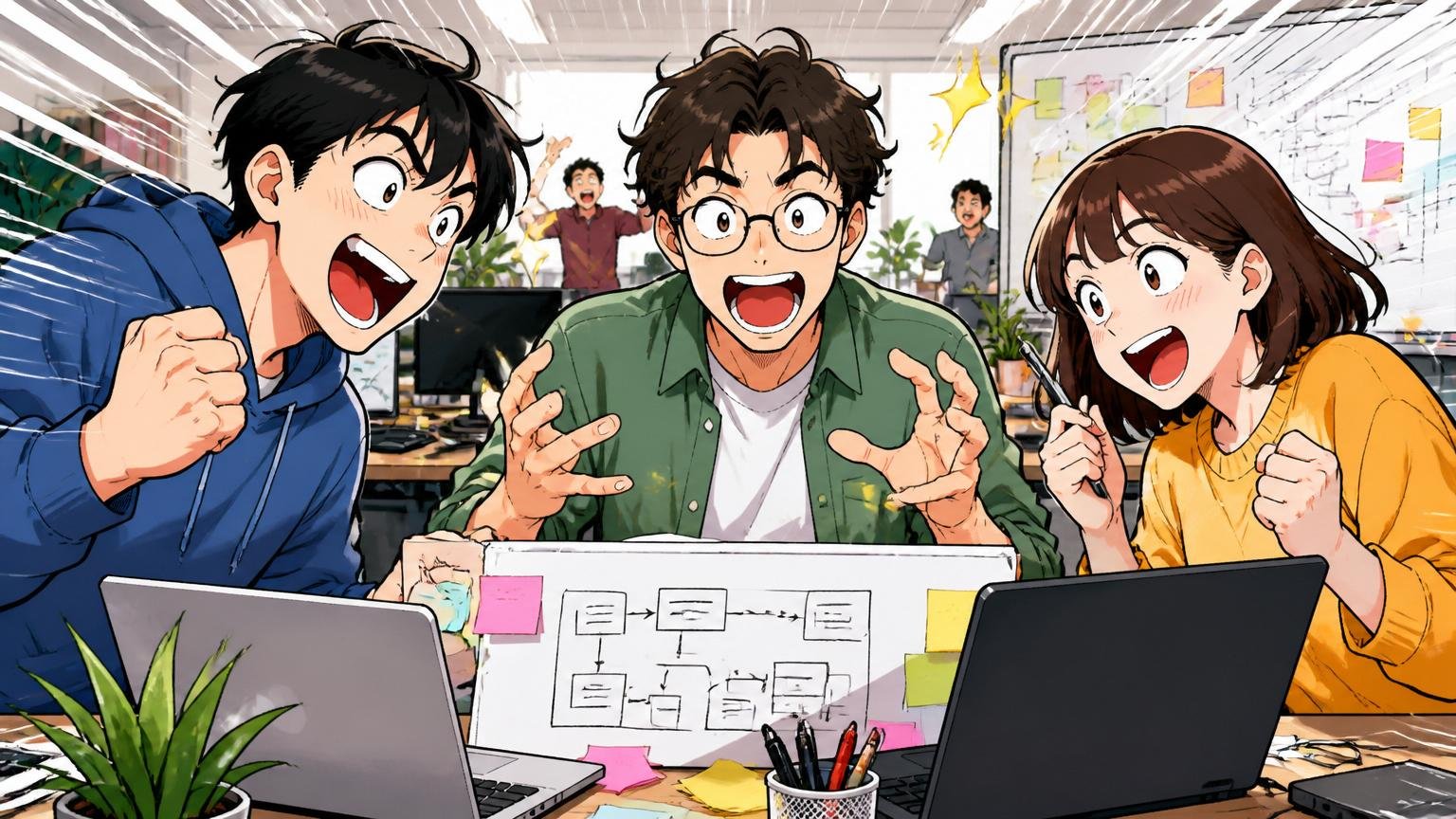 Web系メガベンチャーのオフィス。20代後半男女エンジニア3人がチームで歓談しながら設計議論。組織への適応と成長実感をオーバーリアクションで表現