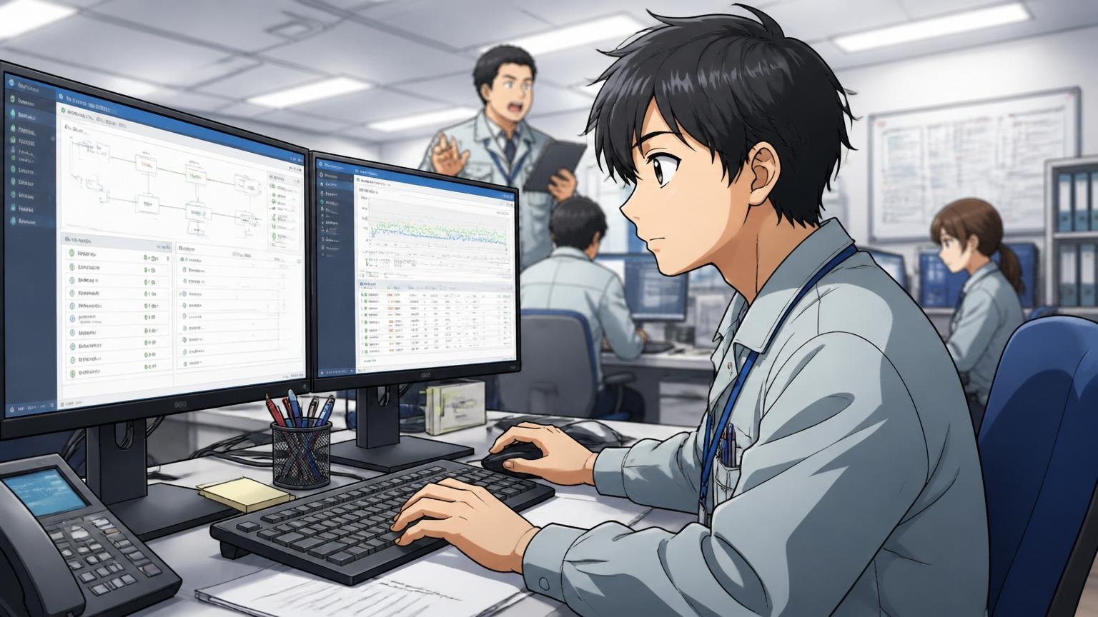 製造業の情シス部門で社内システムの運用画面を確認しながら落ち着いて作業する社内SE