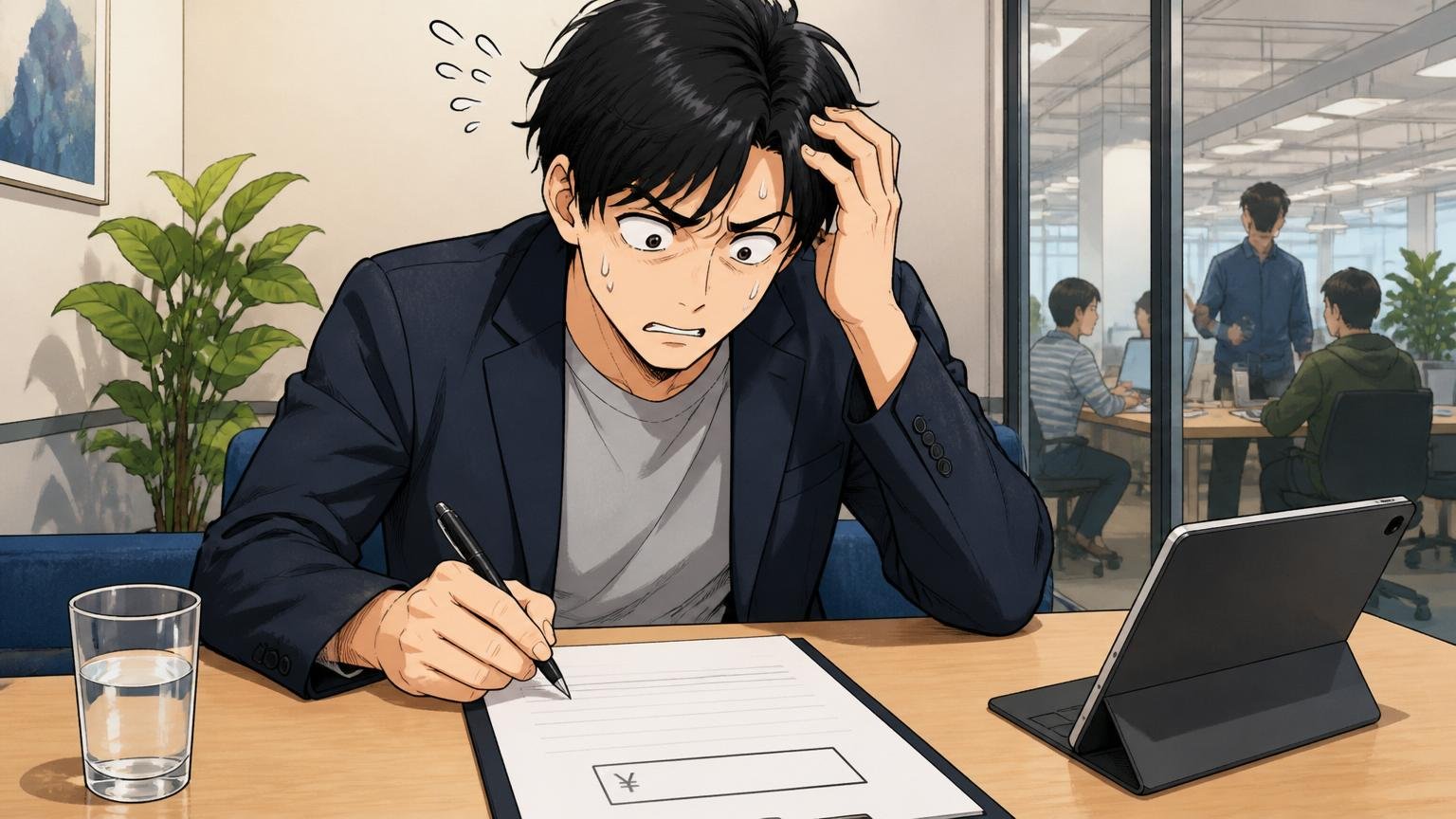 失敗①現職年収をベースに希望年収を決めてしまう。Web系メガベンチャーの面談ブースで、30代男性エンジニアが希望年収欄に控えめな数字を書こうとして固まっている