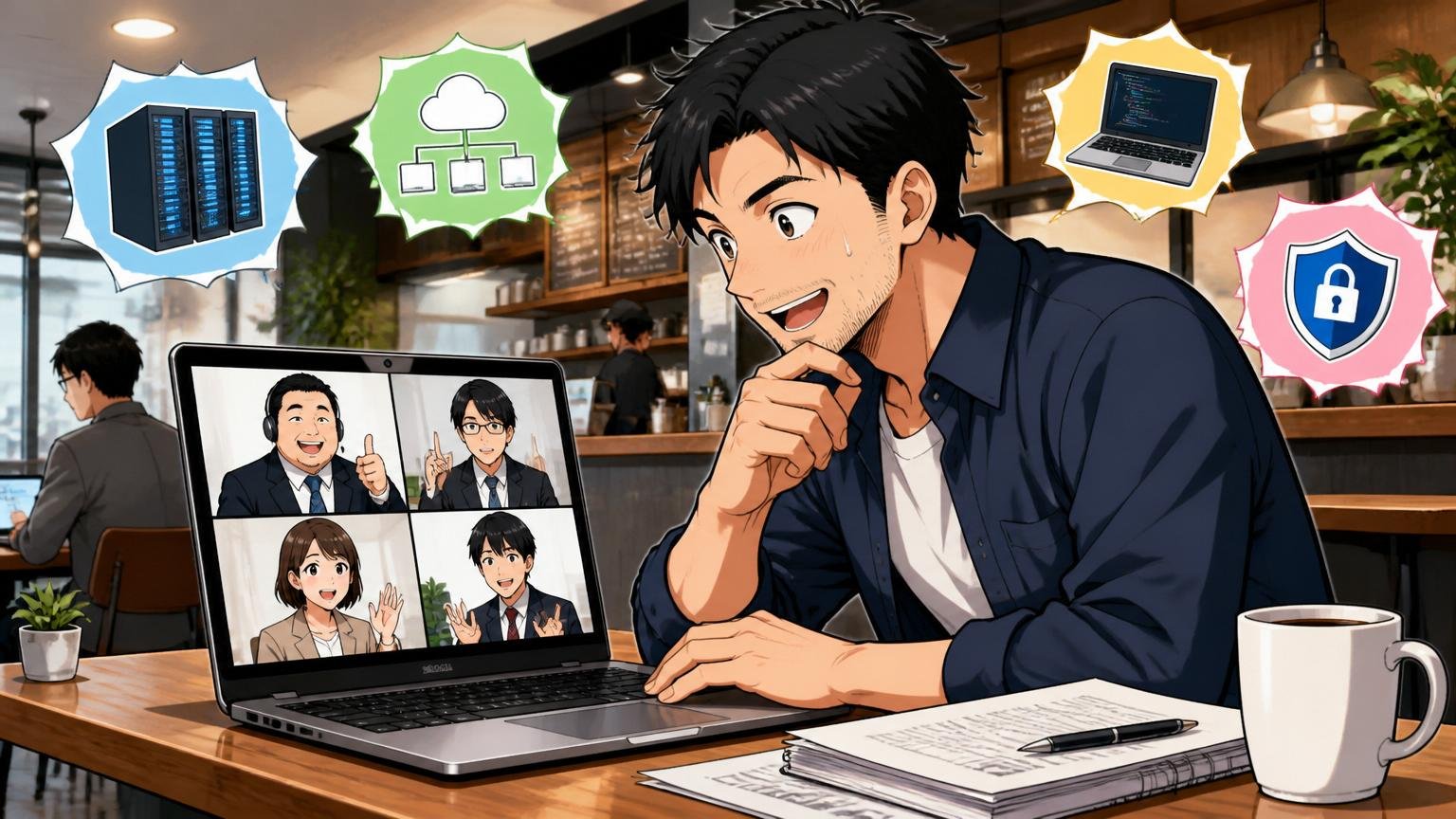 IT特化型エージェント複数社で棚卸しする30代男性SEがカフェのカウンター席で複数社の担当者とオンライン面談