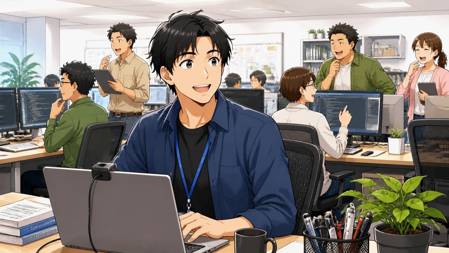 SIerの開発現場でフロアを見渡しながらリモートワークのPCを操作する30代男性エンジニア1人、明るい表情