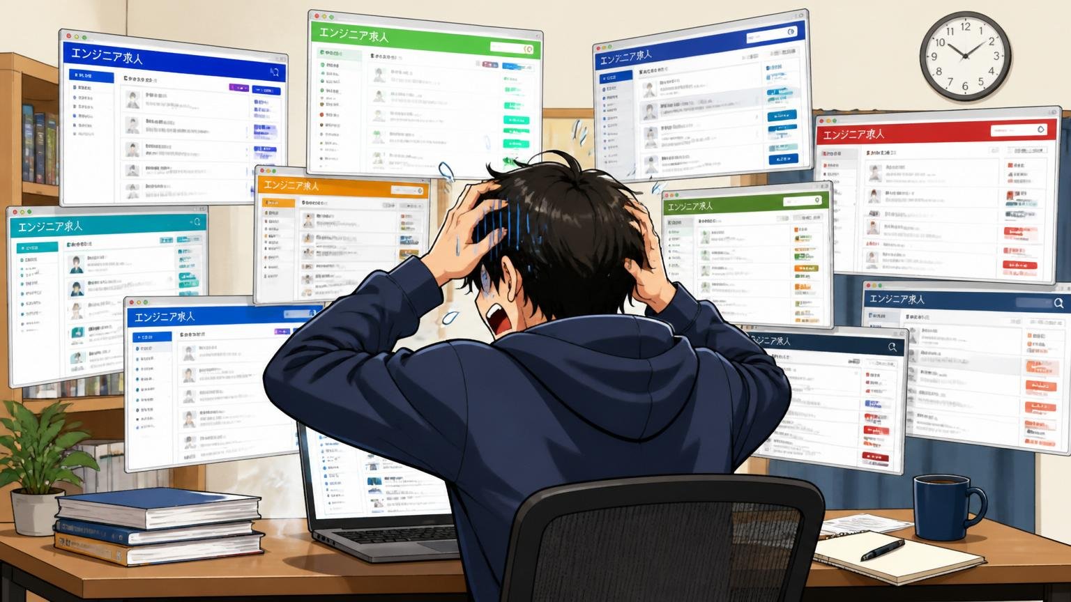 自己流リベンジがもう一度落ちるにつながる理由、自宅で焦りながら大量の求人サイトに登録するエンジニアの後ろ姿