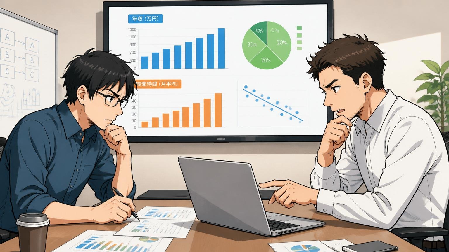 企業の会議室で2人のエンジニアがデータを見ながら年収と残業時間を確認する場面。冷静に分析する空気