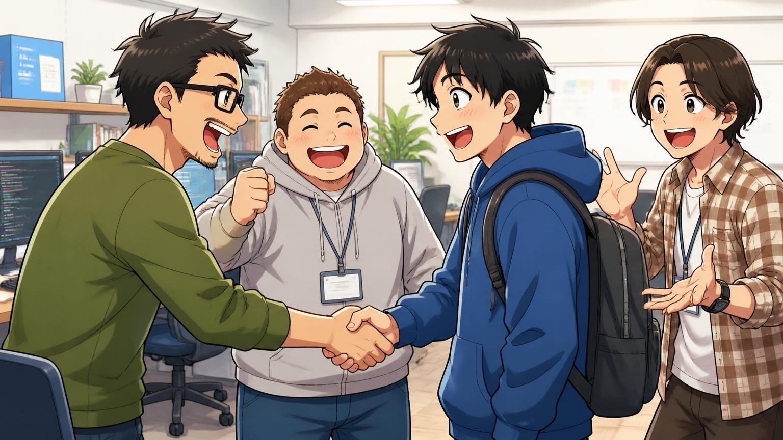 Web系スタートアップのオフィスで複数のエンジニア3人が新人エンジニアを歓迎して握手する明るい場面