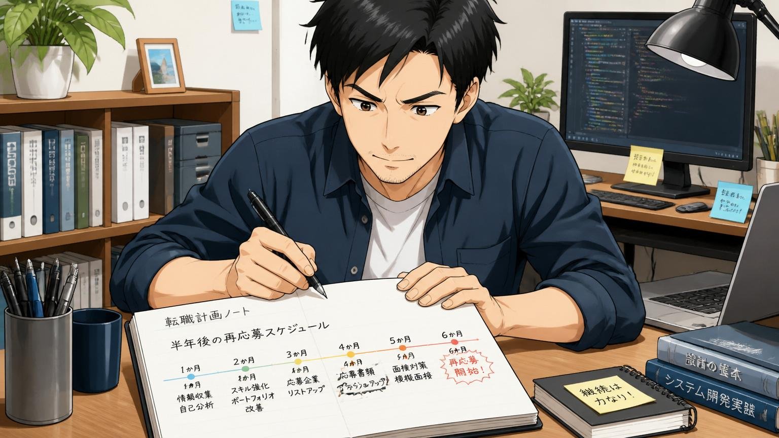 自宅のデスクで在宅勤務中、転職計画ノートに半年後の再応募スケジュールを書き込む30代男性エンジニア1人