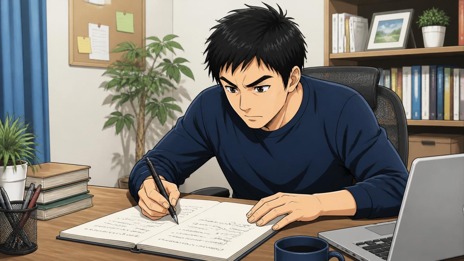 軸①「なぜシステナだったのか」を言語化できるか。自宅のデスクで30代エンジニア1人がノートに自分の動機を書き出している集中表情