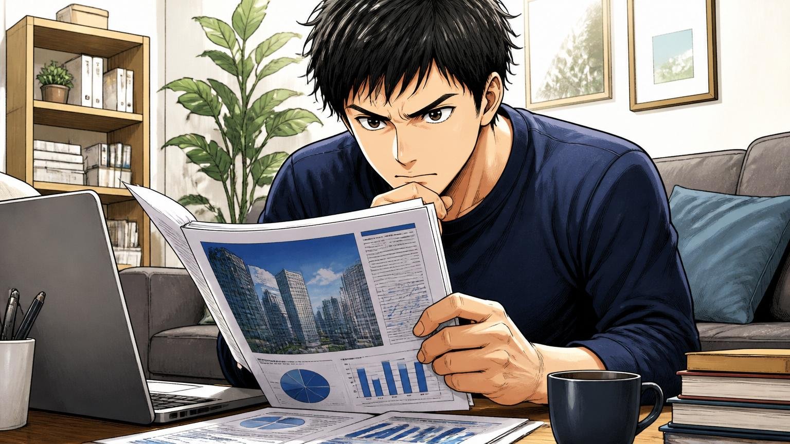 自宅のリビングで30代男性エンジニアが志望企業のIRレポートを読み込む、決意を固める表情