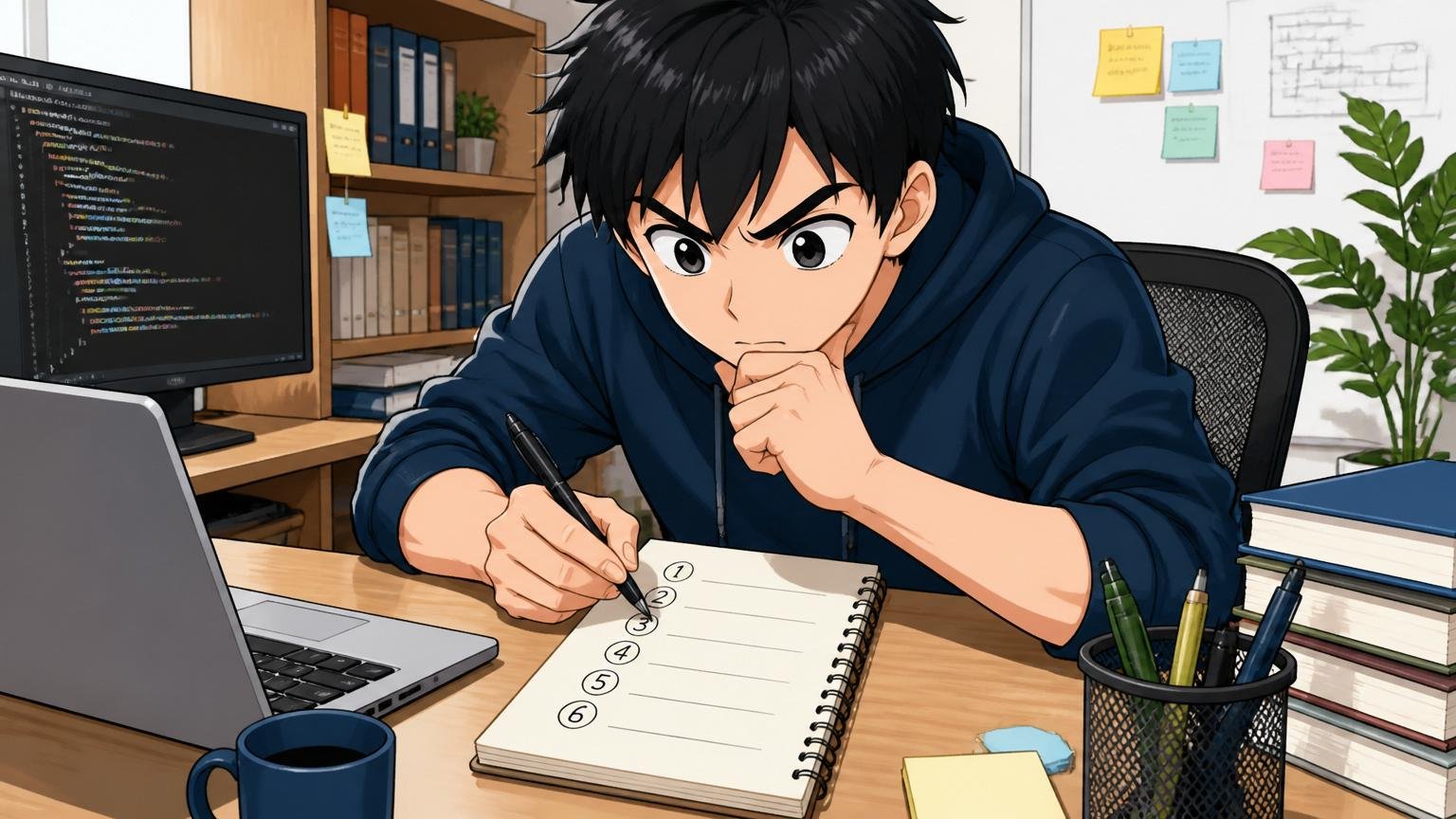 自宅のデスクでITエンジニア1名がノートに6つの原因をリストアップして自己分析する集中した姿
