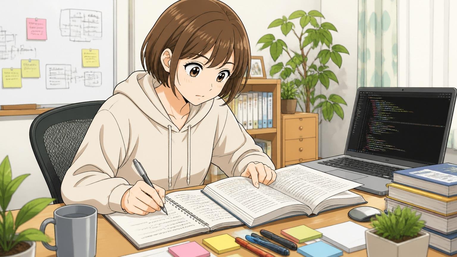 自宅のデスクで在宅勤務する30代女性エンジニアが、書籍とノートを並べて学習する