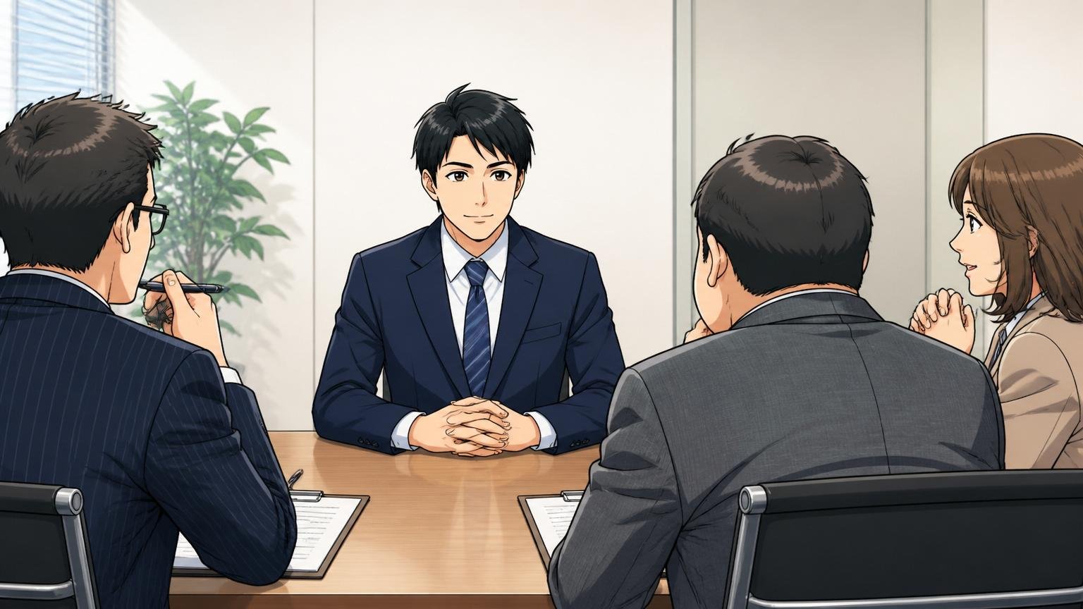再挑戦の条件と最適な再応募時期、企業の会議室で30代男性応募者が落ち着いた表情で再面接に臨む