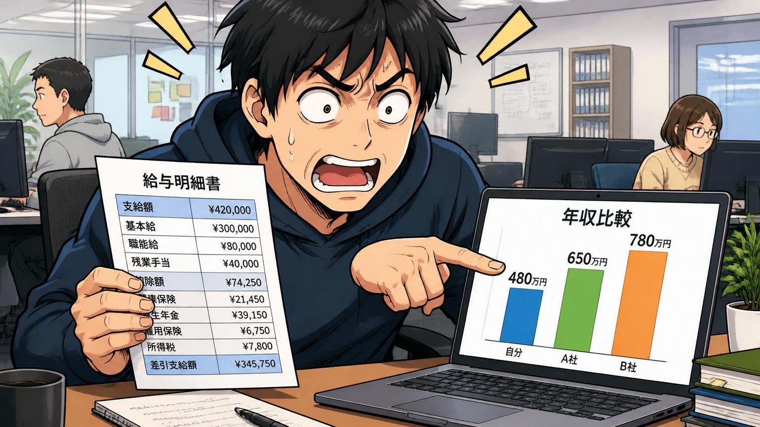 Web系企業のオフィスで給与明細とPCを並べて年収を比較する30代エンジニアの様子
