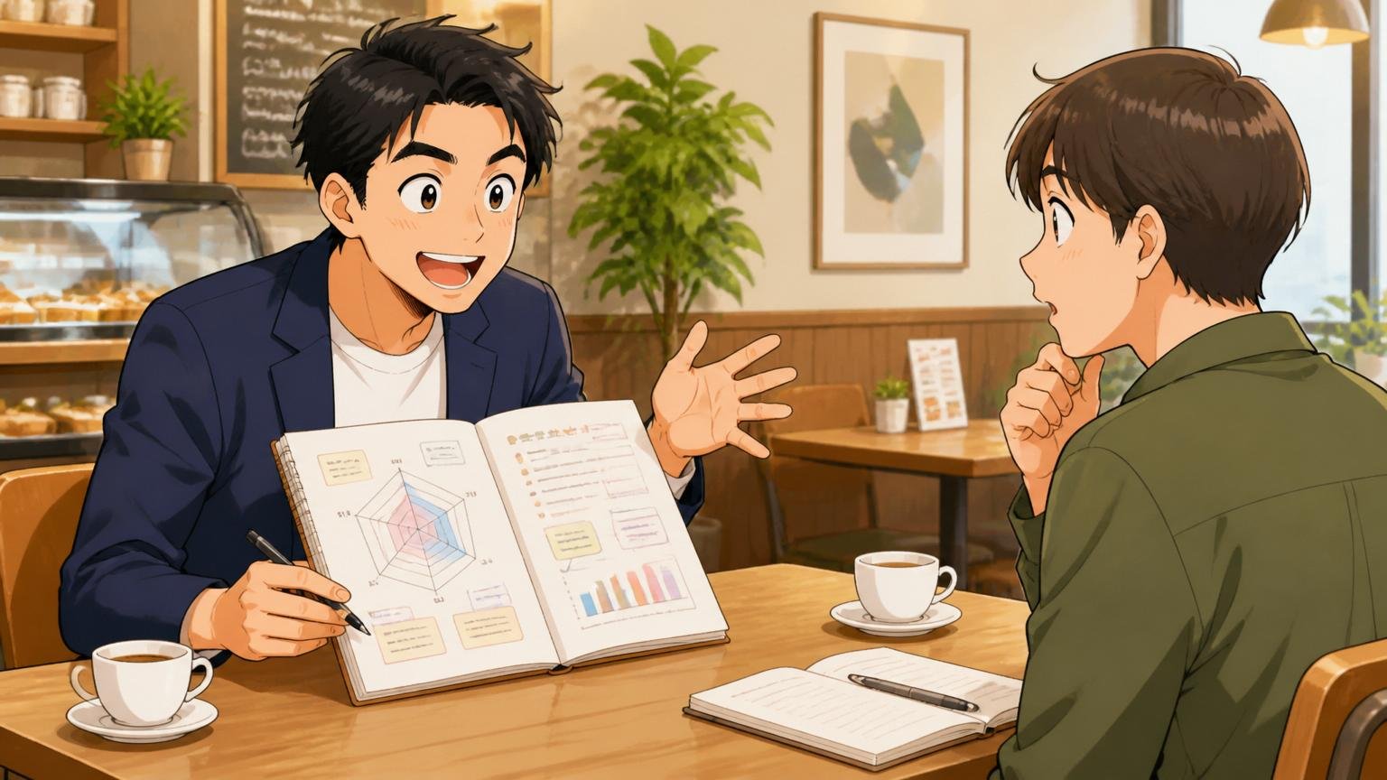 カフェのテーブルでキャリアアドバイザー1名と応募者が向き合い面接フィードバックを言語化する場面