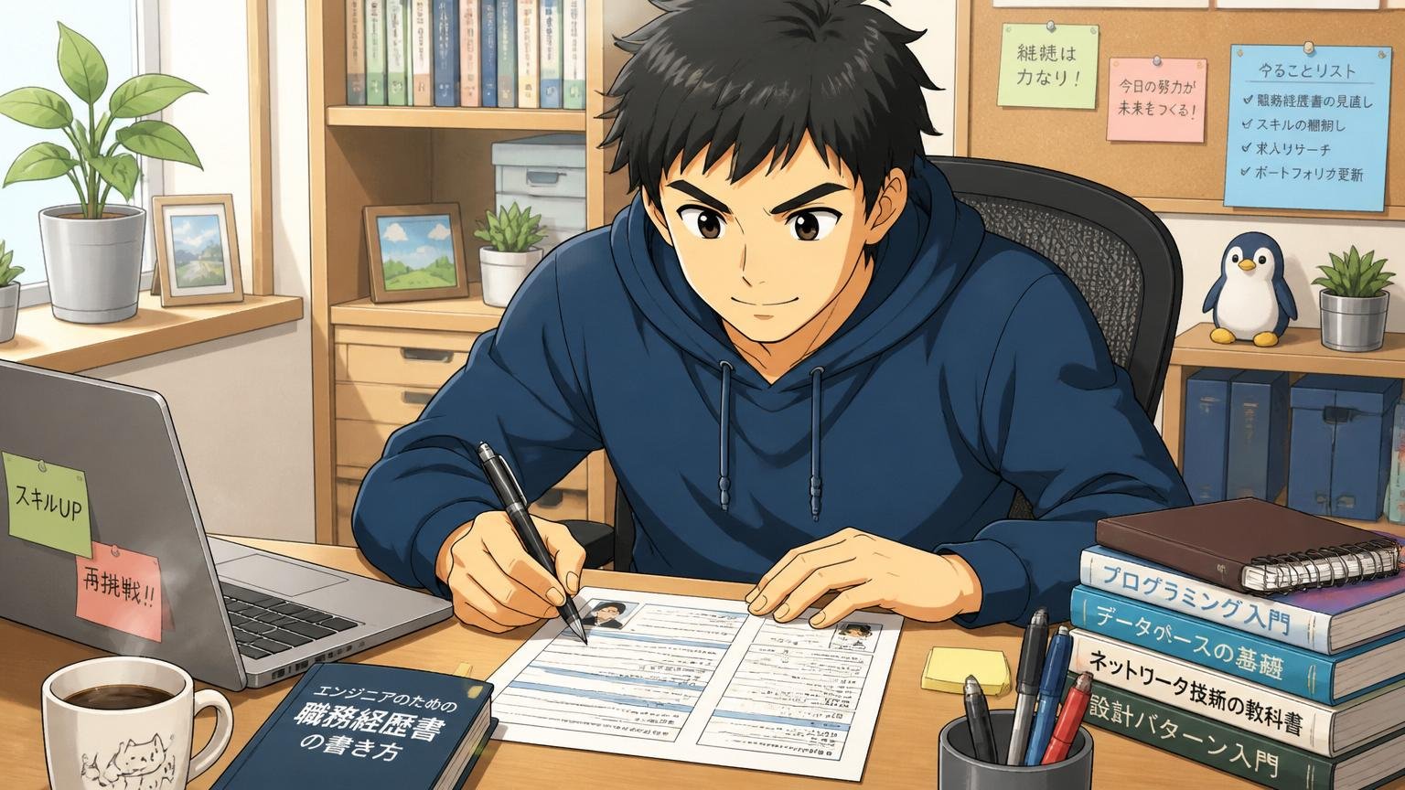 自宅のデスクで職務経歴書を書き直して再挑戦の準備をする落ち着いた表情のITエンジニア