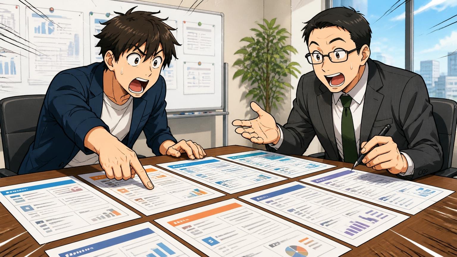 企業の会議室で複数の大手SIer求人票を並べて比較するエンジニアと転職エージェントの担当者