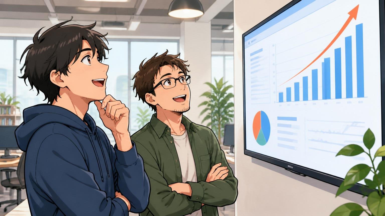 Web系スタートアップのオフィスで求人グラフが映る大型モニターを見上げて表情をやわらげるエンジニア二人の様子