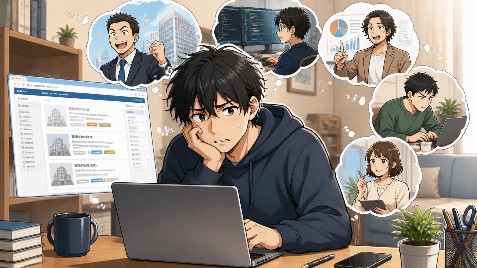 自宅のデスクで一人で求人サイトを眺めながら自分の市場価値が分からず悩む20代後半男性エンジニア