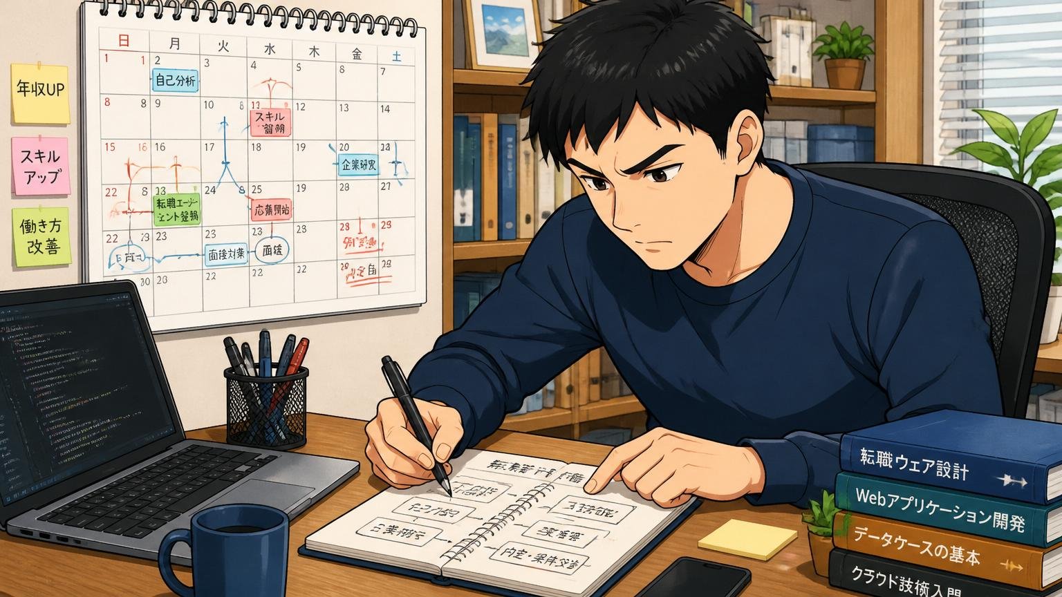 カレンダーを見ながらノートに転職計画を書き込む30代男性エンジニア
