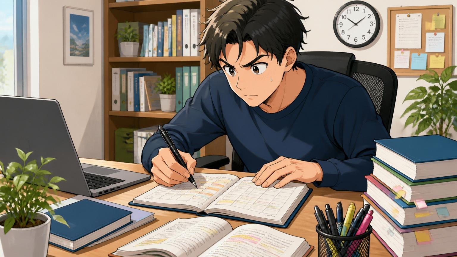 自宅のデスクで在宅勤務中の30代男性エンジニアが資格の勉強を続けながら手帳に計画を書き込んでいる