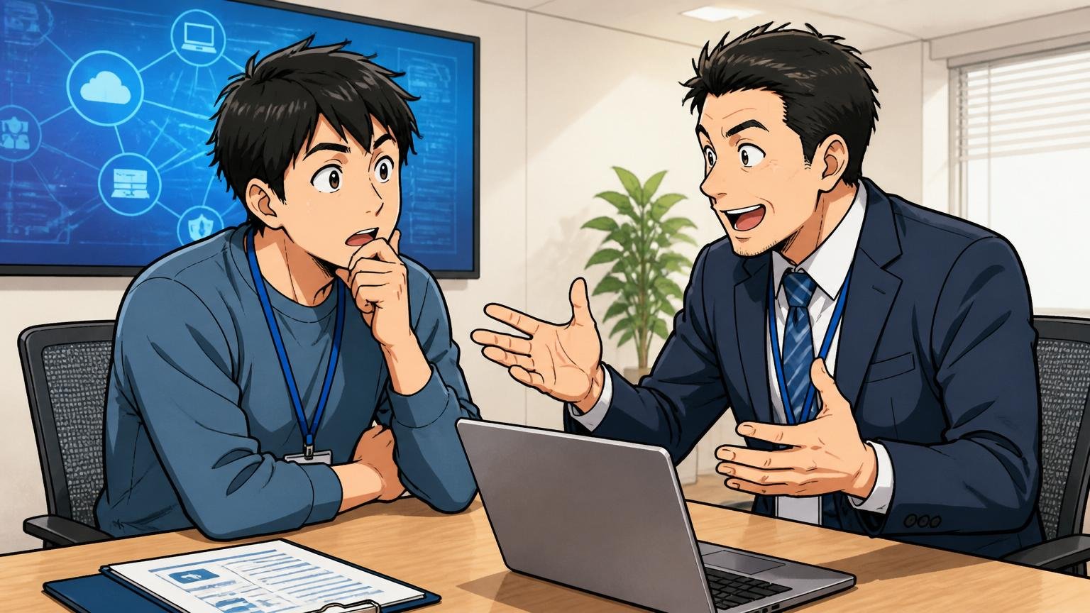 IT特化型エージェントの担当者と相談する30代エンジニア、企業の会議室、2人